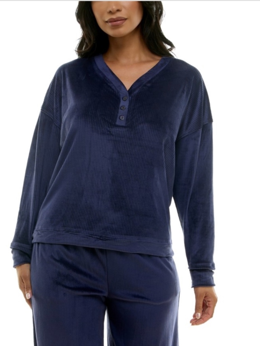 Roudelain Women's Long-Sleeve Ribbed Velour Pajama Top / Color: Peacoat